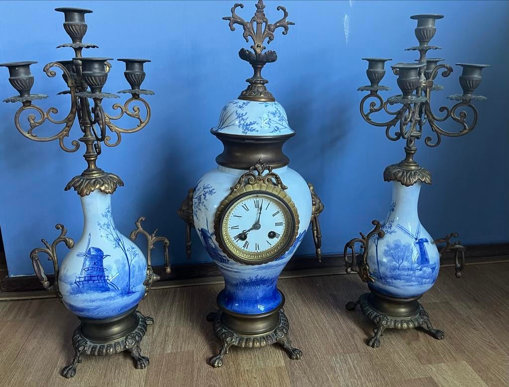 Delftsblauwe Schouwset met Pendule en Kandelabers, Ophalen