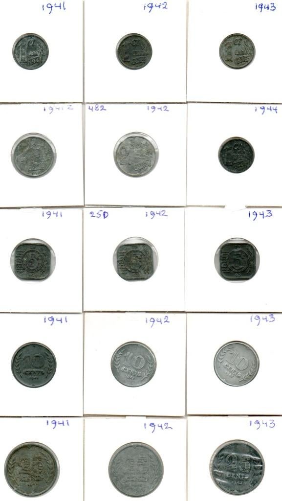 SET ZINK  WILHELMINA TOTAAL 15 MUNTEN OOK 21/2 CENT 1942, Ophalen of Verzenden, Koningin Wilhelmina, 25 cent, Setje