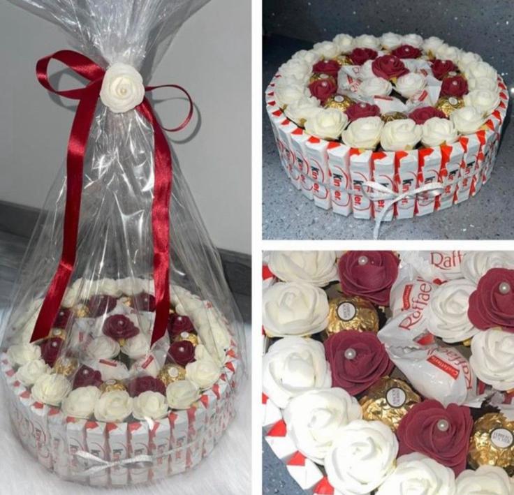 Chocolade pakketje met witte en rode rozen - luxury gift, Hobby en Vrije tijd, Feestartikelen, Ophalen of Verzenden, Zo goed als nieuw