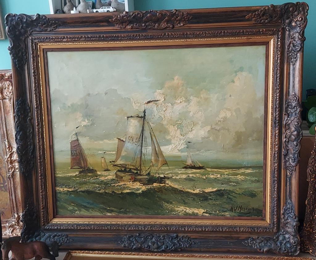 Naar H W Mesdag - zeegezicht met bomschuiten - olieverf, Ophalen