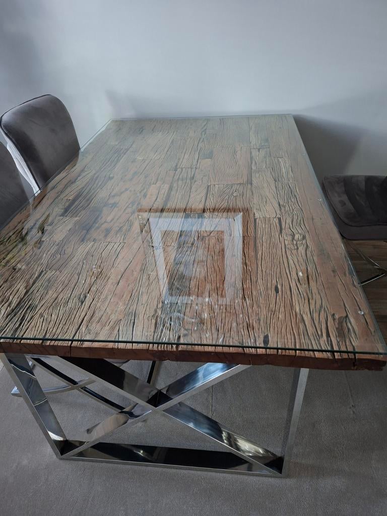 Sleeper Wood eettafel inclusief glasplaat 160 x 100, Ophalen, 50 tot 100 cm, Zo goed als nieuw, 150 tot 200 cm