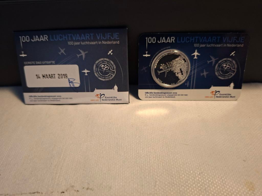 100 Jaar Luchtvaart Vijfje - Zwaar Verzilverde 5,- Munt, Verzenden, Koningin Beatrix, 5 gulden, Losse munt