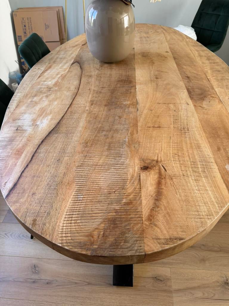 Eettafel - houten met stalen poot, Huis en Inrichting, Tafels | Salontafels, Ophalen, 200 cm of meer, 50 tot 100 cm, Zo goed als nieuw