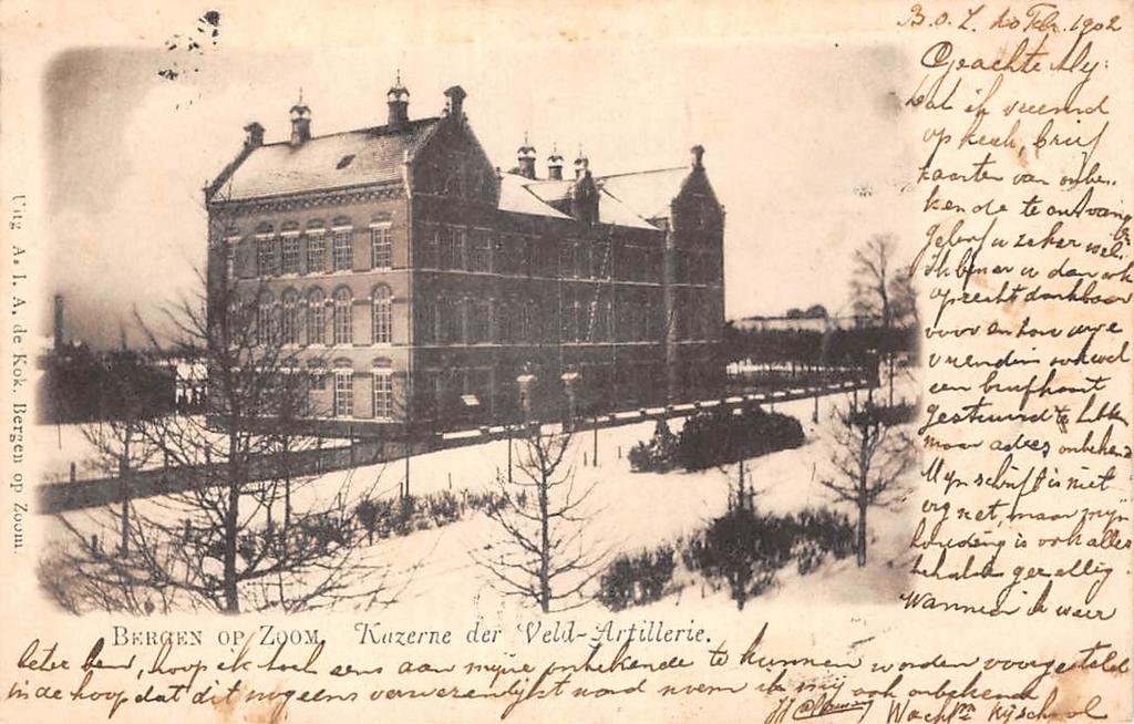Bergen op Zoom Kazerne Veld-Artillerie in de sneeuw 1902, Ophalen of Verzenden, Voor 1920, Gelopen, Noord-Brabant
