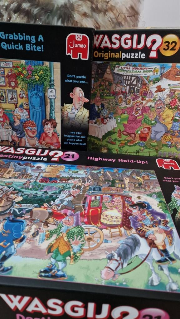 6 Jumbo puzzels: 5 Wasgij en 1 Jan van Haasteren, Ophalen, 500 t/m 1500 stukjes, Gebruikt, Legpuzzel