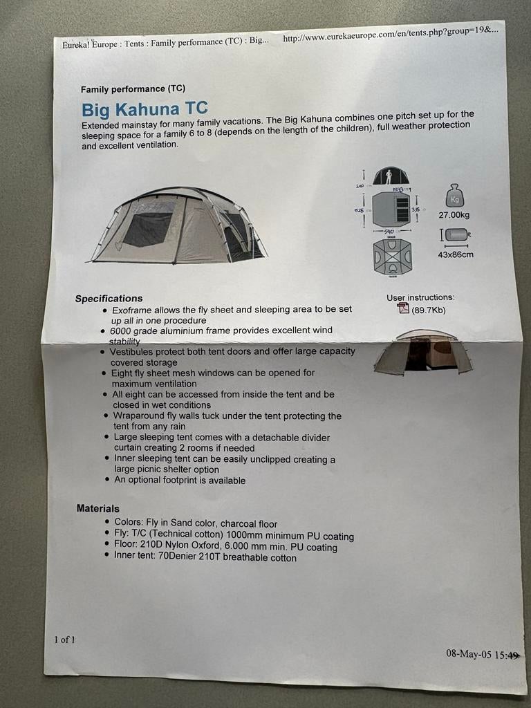 Eureka! Big Kahuna Technical Cotton familietent, Ophalen, Zo goed als nieuw, Meer dan 6