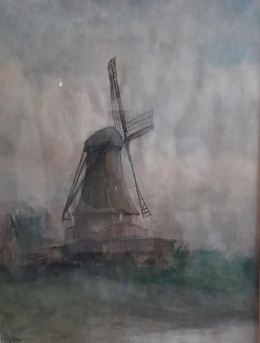 Molen. Aquarel, gemengde techniek, gesigneerd S. van Welie, Ophalen, Gebruikt, Oorspronkelijke maker, Schilderij