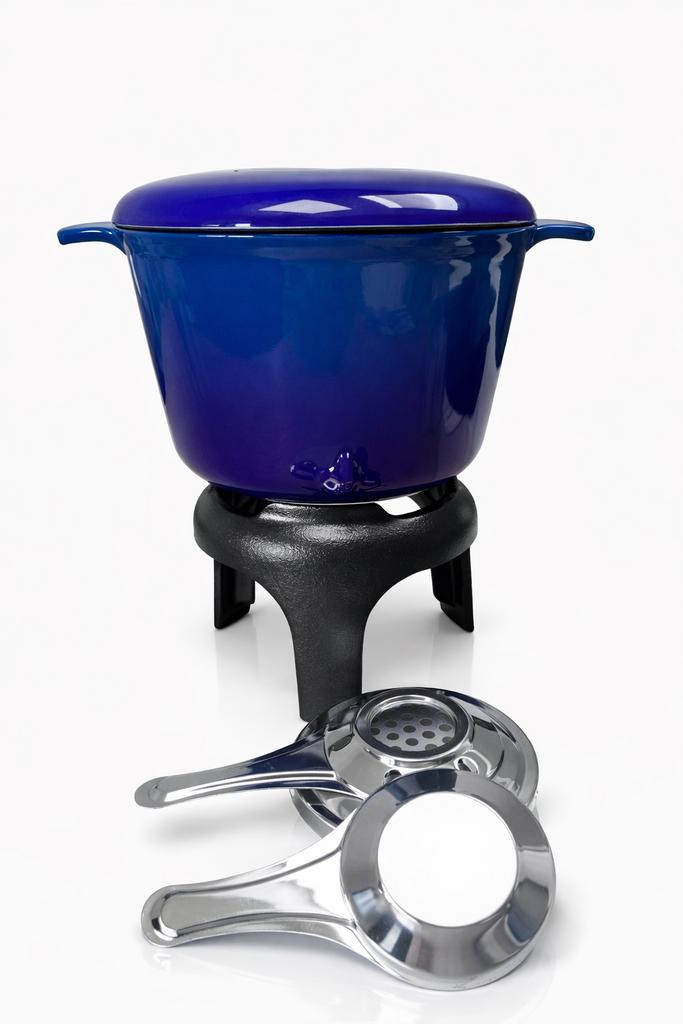 Fonduepan set blauw emaille met rechaud, Ophalen of Verzenden, Gebruikt, Brander, Fonduepan