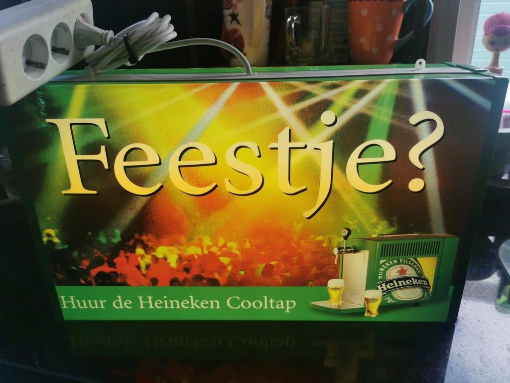 Feestje Heineken lichtbak, reclamebord, vintage, Ophalen of Verzenden, Gebruikt, Reclamebord, Plaat of Schild, Heineken
