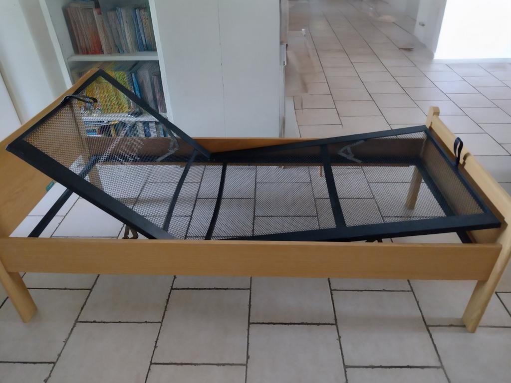 Houten eenpersoonsbed met verstelbaar Auping spiraal, Ophalen, 90 cm, Eenpersoons, Hout