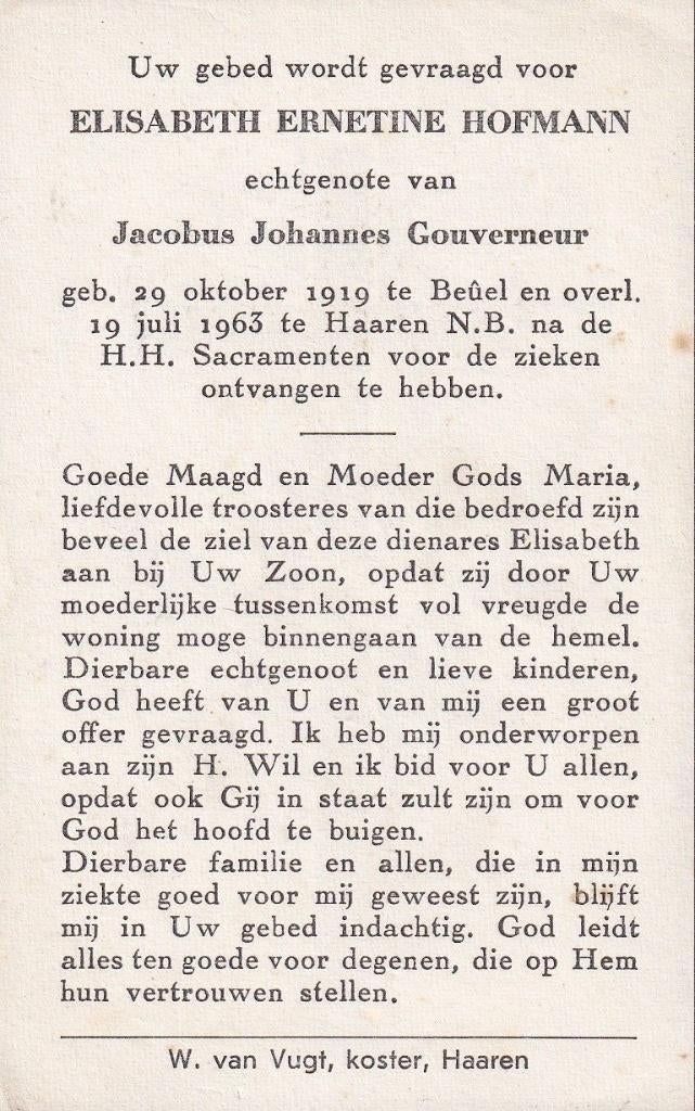 Hofmann  Elisabeth 1919 Beuel 1963 Haaren, Ophalen of Verzenden, Bidprentje