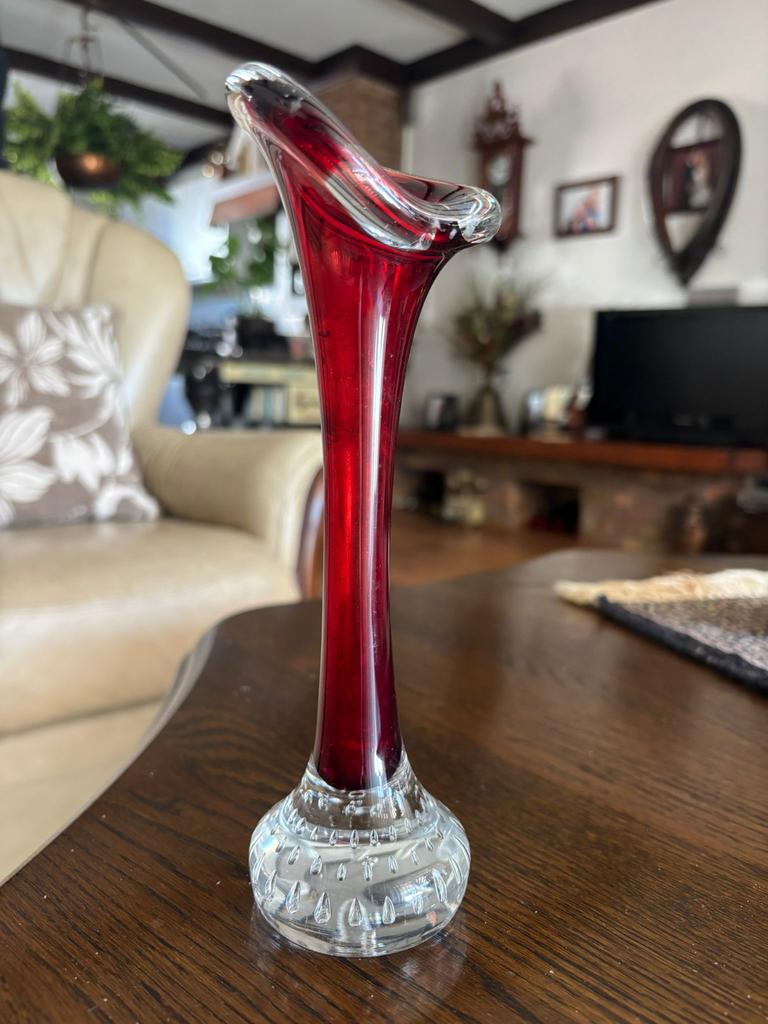 Aseda Glasbruk Bubble STEM VASE - Rode Vintage Zweedse Vaas, Ophalen