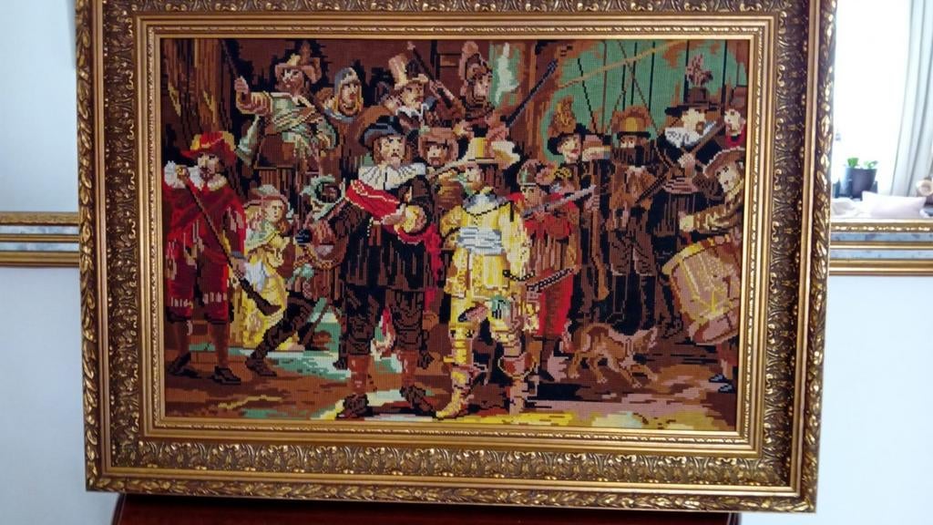 Wandtapijt De Nachtwacht in lijst (geborduurd), Antiek en Kunst, Ophalen of Verzenden