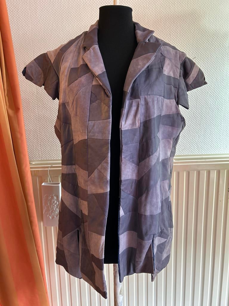 Vintage Leren Patchwork Gilet - Maat L, Blauw, Maat 42/44 (L), Ophalen of Verzenden, Jasje