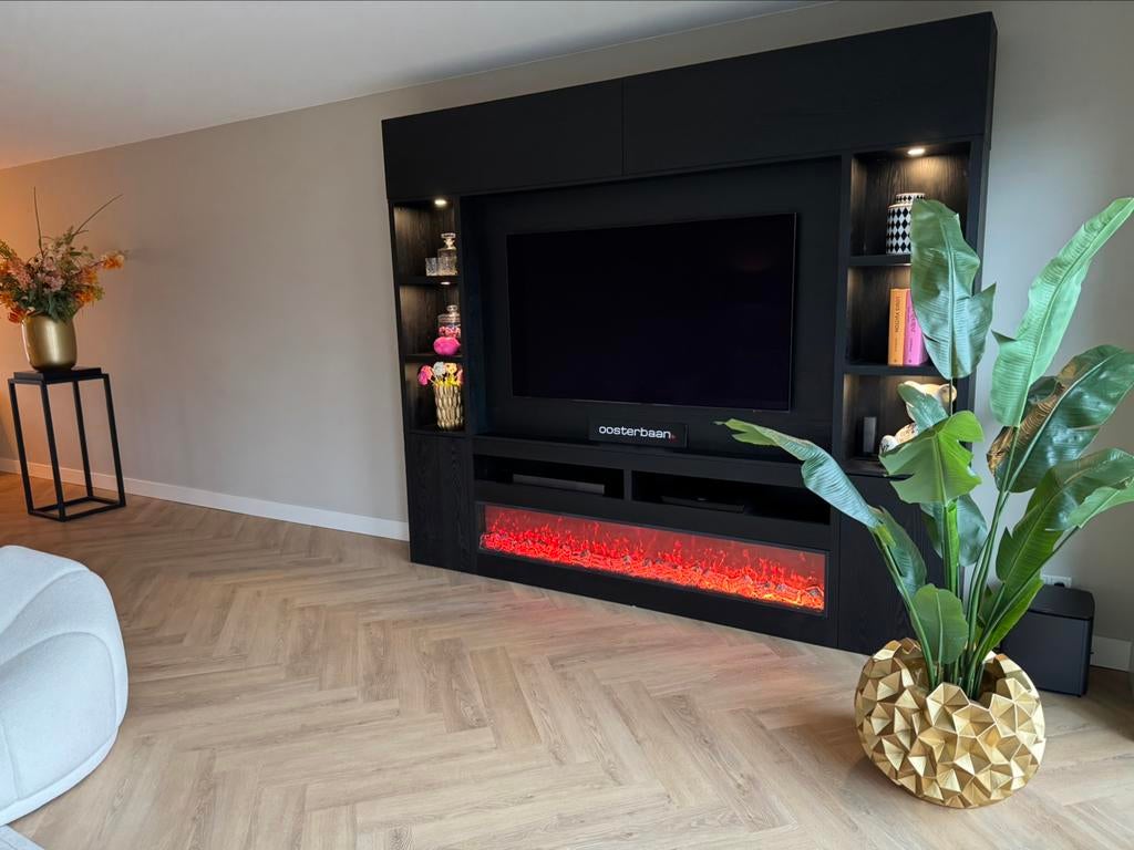 Luxe Black Oak Cinewall met haard & verlichting NIEUW Uniek, Overige materialen, Info@oosterbaanwonen.nl, Venus 31 8448CE Heerenveen