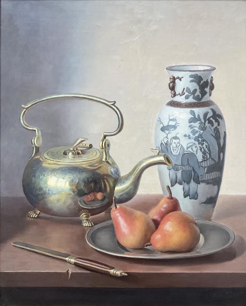 E.P. Moleveld (1946) - Stilleven met ketel, vaas en peren, Antiek en Kunst, Kunst | Schilderijen | Klassiek, Ophalen of Verzenden