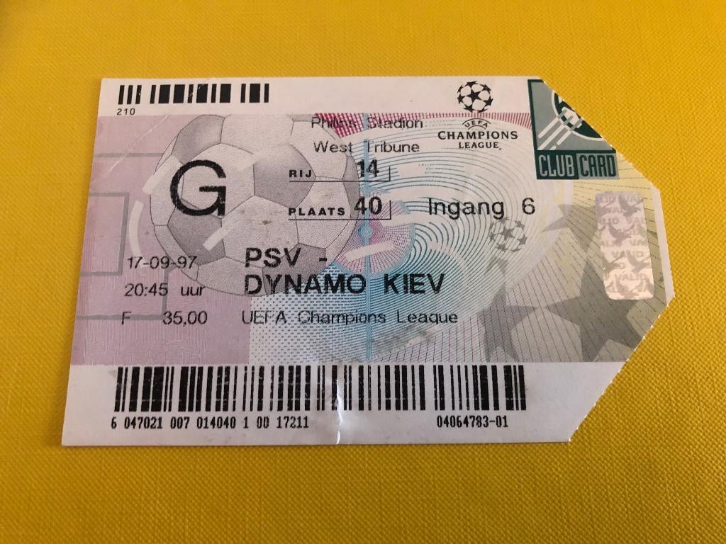 ⚽ Ticket CL PSV - Dynamo Kiev 1997/1998 ⚽, Ophalen of Verzenden, Zo goed als nieuw, PSV, Overige typen