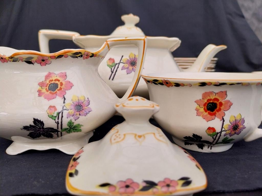 Antiek Myott Staffordshire Theeservies Wildflower 2307, Antiek en Kunst, Antiek | Servies compleet, Ophalen