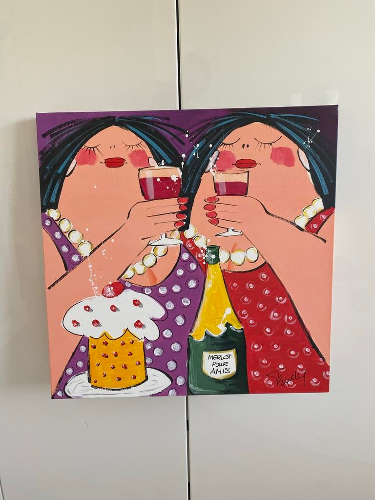 Dikke dames schilderij 60x60 cm, Antiek en Kunst, Ophalen