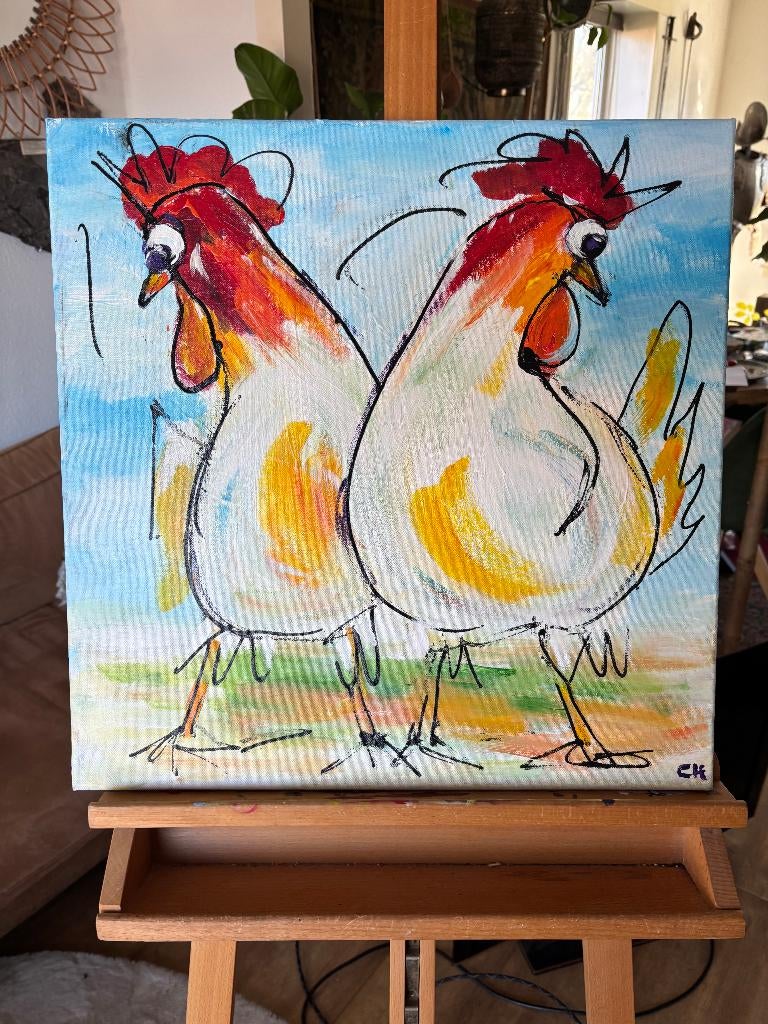 Kleurrijk schilderij met kippen – gesigneerd CK, Antiek en Kunst, Ophalen of Verzenden
