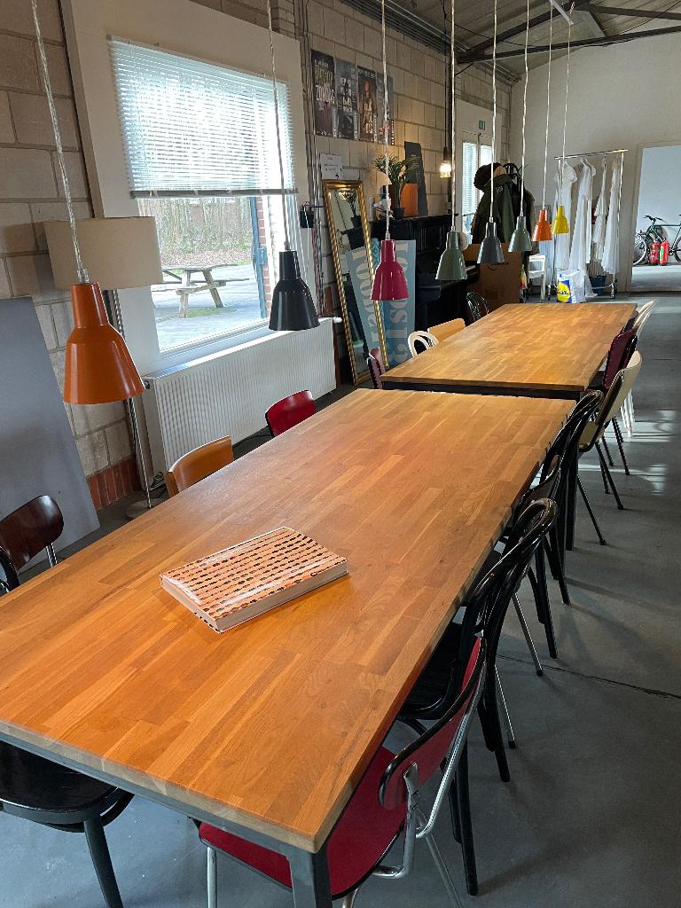 2 houten tafels, metalen onderstel voor horeca of kantine, Ophalen, Gebruikt, 200 cm of meer, 50 tot 100 cm