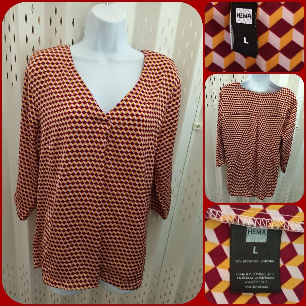 Hema dames blouse ruitjes v-hals 3/4 mouwen L, Kleding | Dames, Maat 42/44 (L), Ophalen of Verzenden, Zo goed als nieuw, Hema