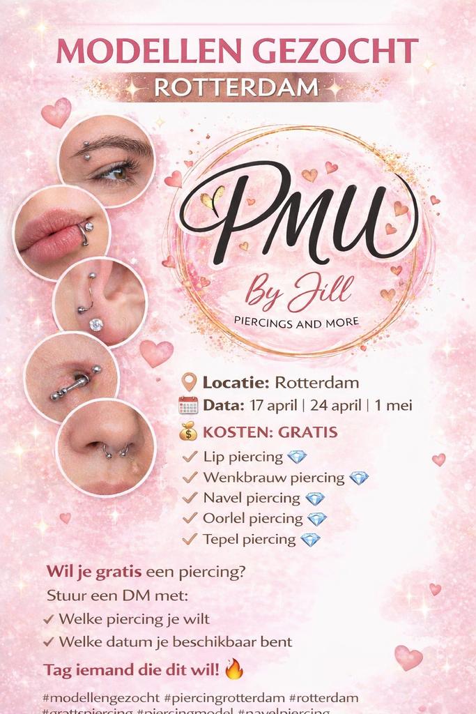 Gratis piercing modellen gezocht Rotterdam, Variabele uren, Overige niveaus, Starter, Overige vormen