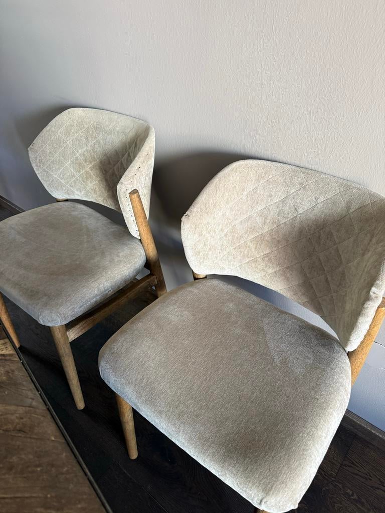 4 Riviera Maison eetkamerstoelen: 2 groen suède, 2 grijs sto, Huis en Inrichting, Ophalen, Gebruikt, Overige kleuren, Vier