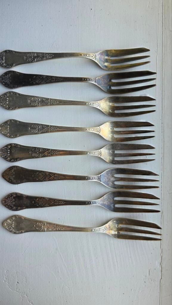 Set van 8 verzilverde vorkjes met sierlijk decor, Ophalen of Verzenden