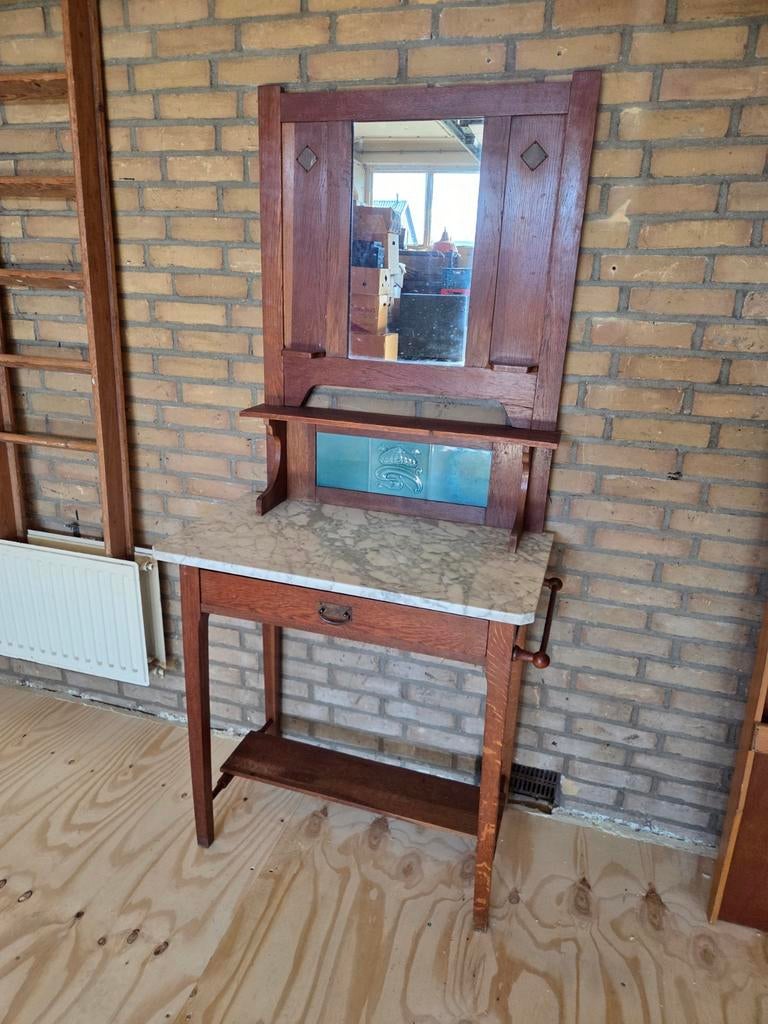 Antieke kaptafel met marmerblad en spiegel, Huis en Inrichting, Tafels | Kaptafels, Ophalen, Gebruikt, 50 tot 100 cm, Minder dan 100 cm