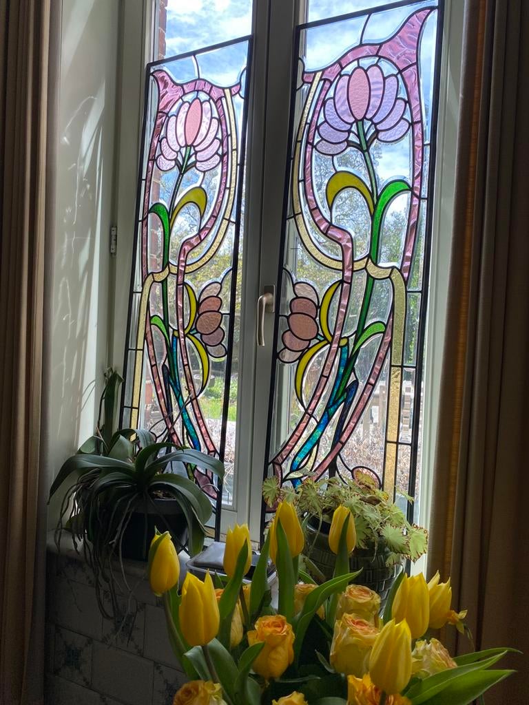 bijzonder fraai koppel glas in lood ramen, Ophalen of Verzenden