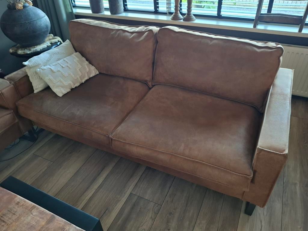 Bankstel 2 1/2 zits en 3 zits in cognac kleur, Ophalen, Gebruikt, 75 tot 100 cm, Rechte bank