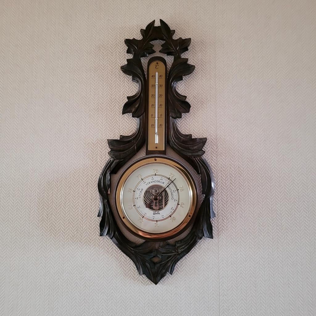 Antieke Wuba Barometer met Thermometer - Houtsnijwerk, Ophalen