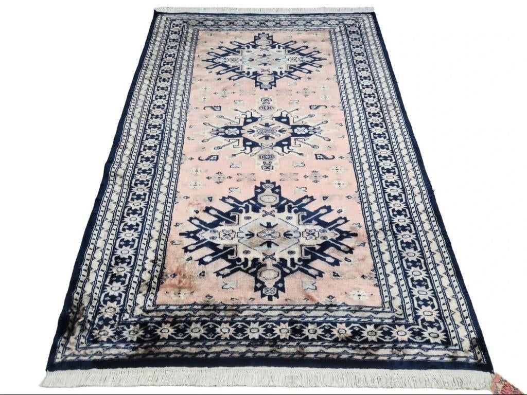 Handmade Persian Merino wool Karachi tapijt blue 125x185cm, 100 tot 150 cm, Vintage, Perzisch, Bohemien, Ophalen of Verzenden