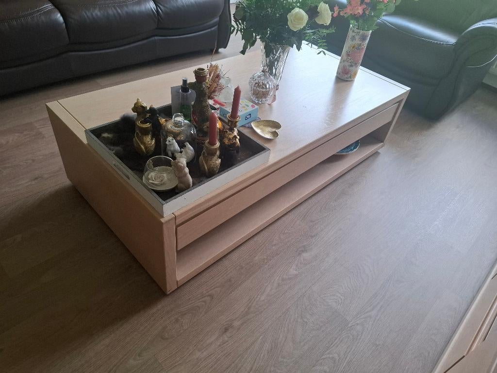 Eiken Salontafel met lade zacht roze, Ophalen, Gebruikt, 100 tot 150 cm, Eikenhout
