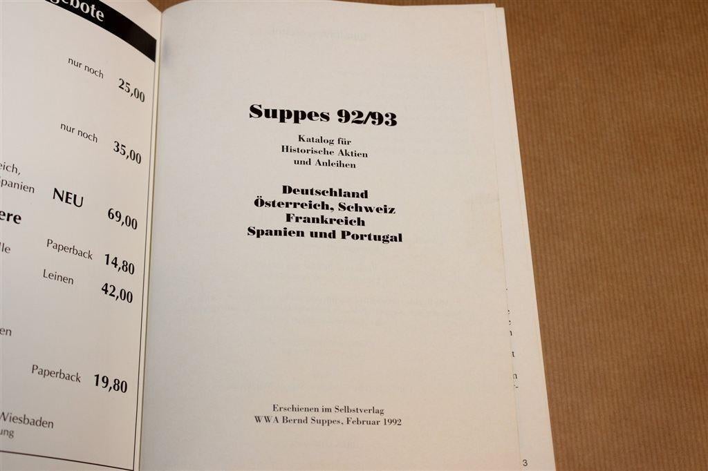 Suppes 92/93 — Catalogus Historische Aandelen & Obligaties, Ophalen of Verzenden, Gelezen, Europa