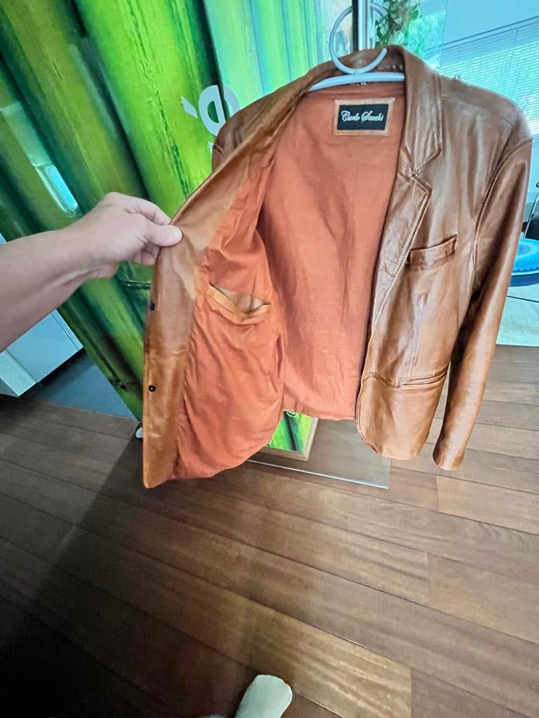 Cognac leren blazer Carlo Sacchi maat 62, Ophalen of Verzenden, Gedragen, Overige maten, Bruin