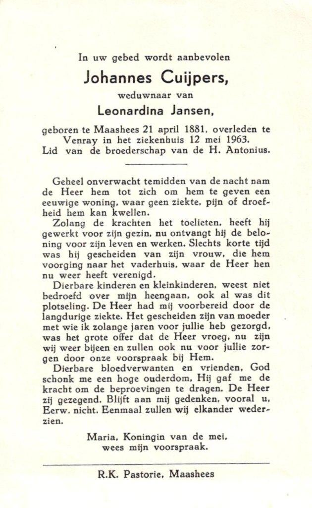 Cuijpers Johannes 1881 Maashees 1963, Ophalen of Verzenden