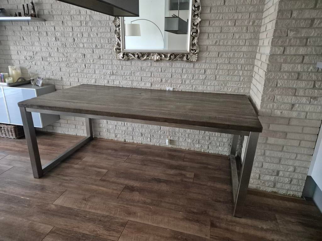 Goossens Eettafel Oud Eiken Donkergrijs industriële look, Ophalen, Gebruikt, Eikenhout, 200 cm of meer