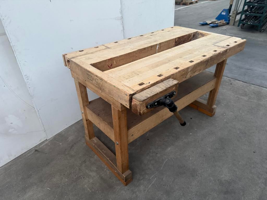 Timmermanswerkbank vintage antieke schoolwerkbank hout, Ophalen, Gebruikt, 120 tot 170 cm, Bankschroef