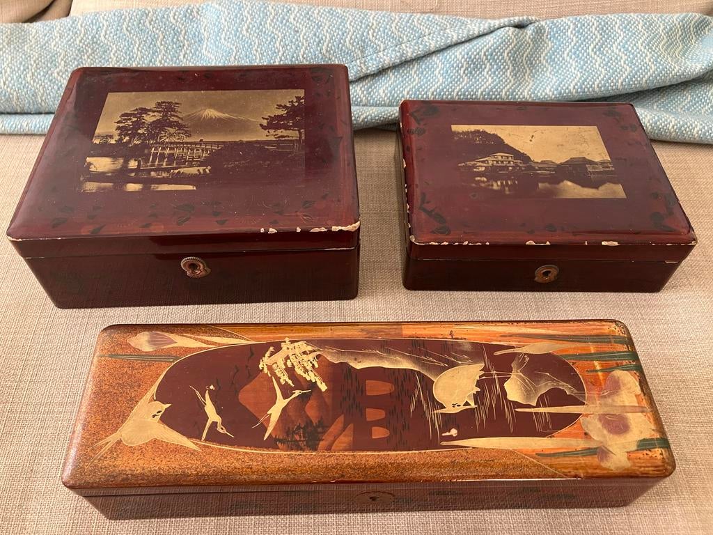 Set van 3 Antieke Japanse Lakdozen met Inlegwerk, Huis en Inrichting, Woonaccessoires | Kisten, Ophalen, Gebruikt, Overige materialen