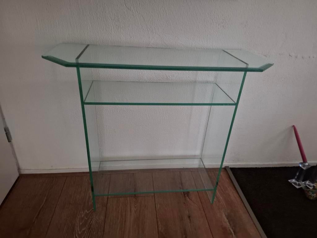 Glazen sidetable en een spiegel, Huis en Inrichting, Tafels | Sidetables, 100 tot 150 cm, Ophalen of Verzenden, Zo goed als nieuw