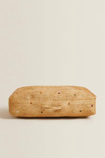 ZARA HOME jute poef stippen 80 X 50 X 15 CM, Huis en Inrichting, Ophalen, Zo goed als nieuw, Rond, Minder dan 50 cm