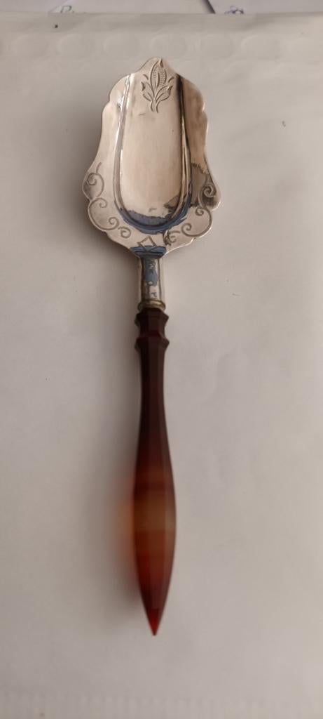 Antieke THEE zilveren schep met agaat handvat, Ophalen of Verzenden