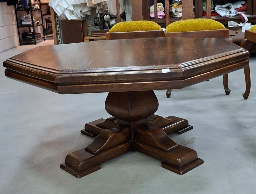 Salontafel | 8-hoek | 'bolpoot' | 100x99x49 cm | eiken, Huis en Inrichting, Ophalen, Gebruikt, 50 tot 100 cm, Eikenhout