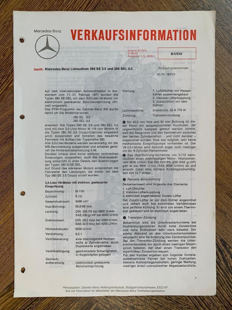 Product info Mercedes-Benz S-klasse W108 280 SE 3.5 1971, Zo goed als nieuw, Mercedes-Benz, Mercedes, Ophalen of Verzenden