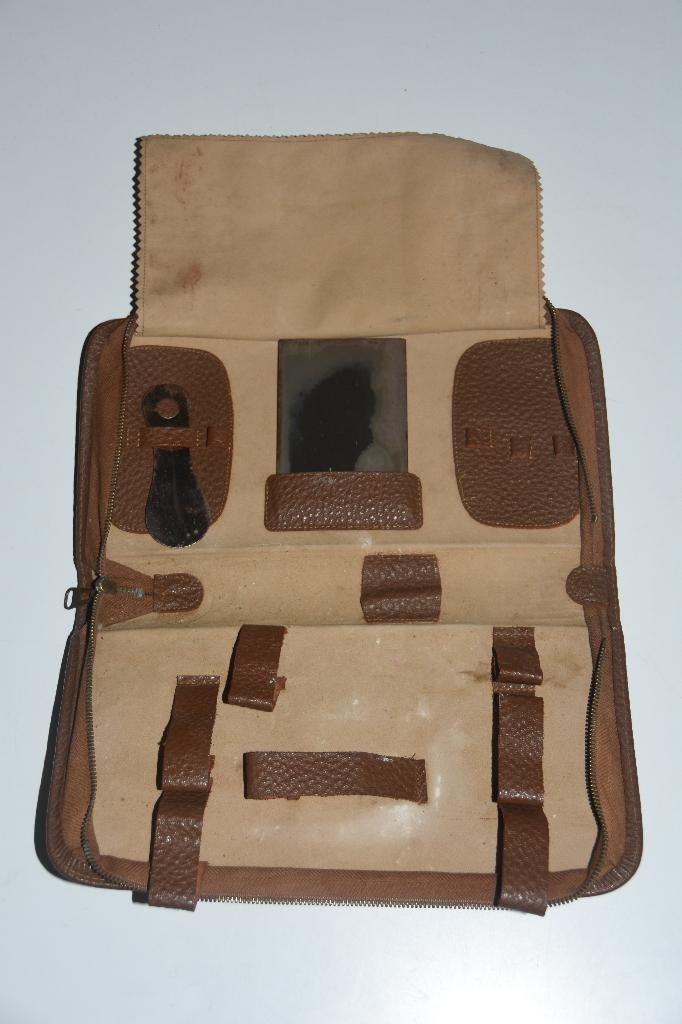 Retro leren scheer etui toilettas reisnecessaire barbier, Verzenden