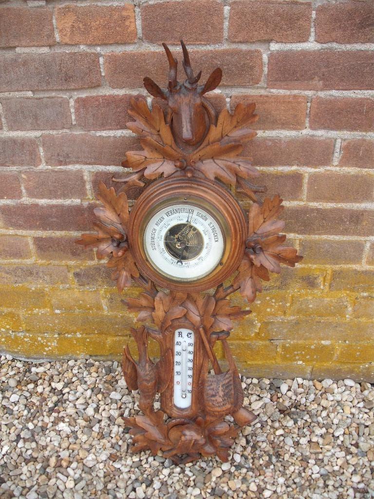 Antiek barometer thermometer 75 cm houtsnijwerk Duitsland, Ophalen