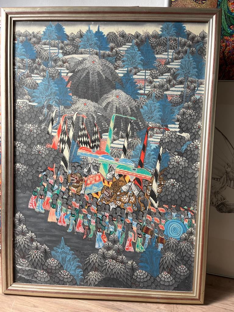 Balinees schilderij: Optocht met draken en figuren, Ophalen of Verzenden