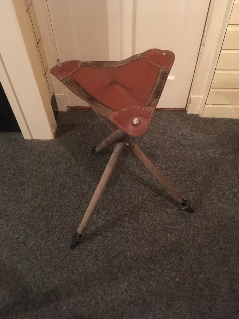 kruk 3 poten leder zitting jachtkrukje inklapbaar opvouwbaar, Ophalen of Verzenden, Gebruikt, Hout